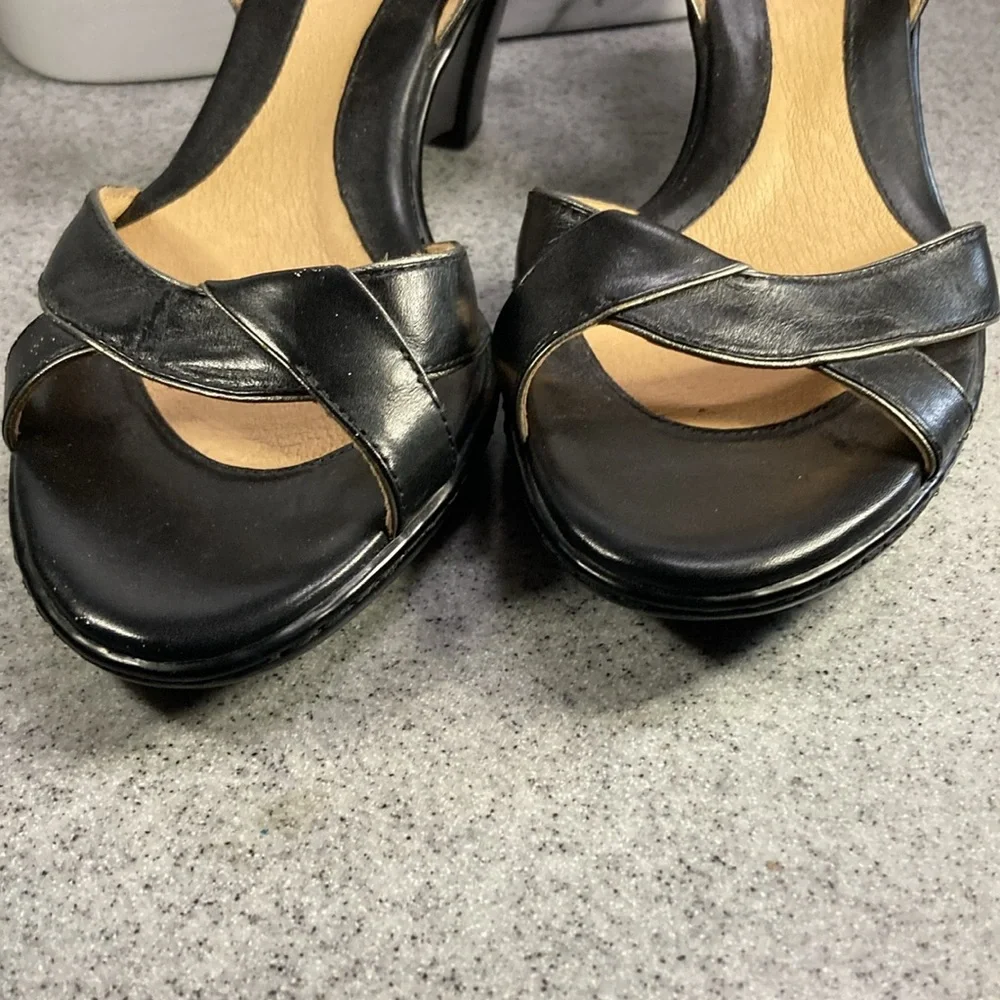 Sofft size 9 3” wedge heel with buckle around ankle.‎ Super soft leather. Box 3